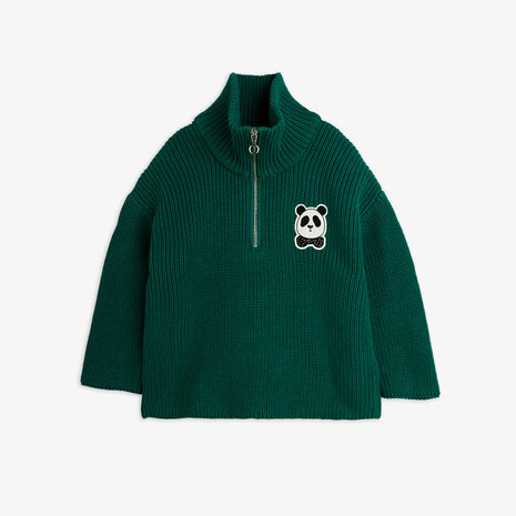 Mini Rodini Panda patch chunky knit half zip sweater Green
