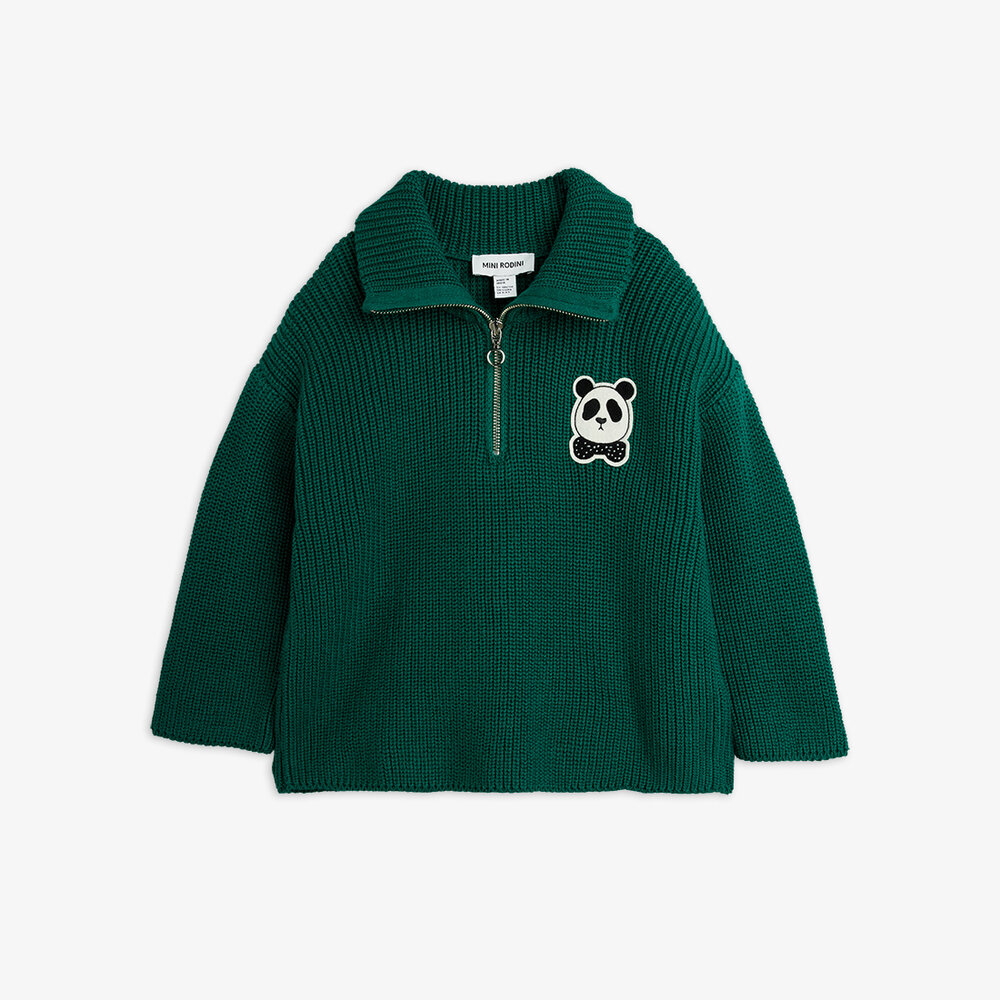 Mini Rodini Panda patch chunky knit half zip sweater Green