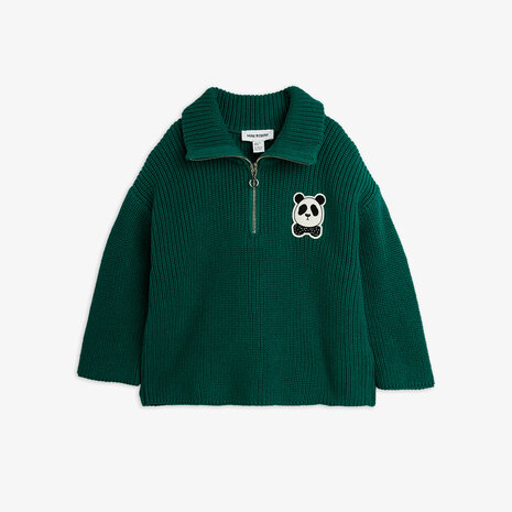 Mini Rodini Panda patch chunky knit half zip sweater Green