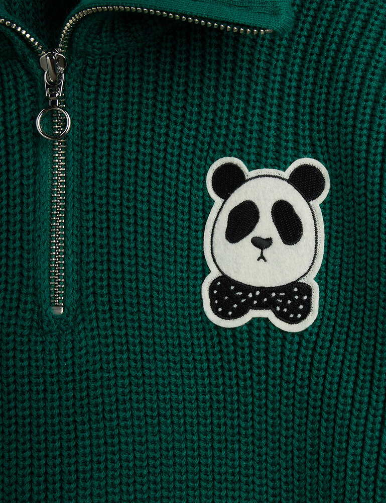 Mini Rodini Panda patch chunky knit half zip sweater Green