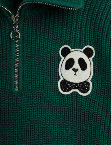 Mini Rodini Panda patch chunky knit half zip sweater Green
