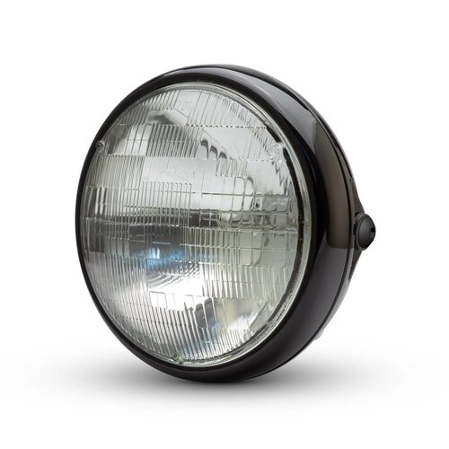 7 "glanzende zwarte Shorty metalen koplamp - 12v / 55w sealed beam