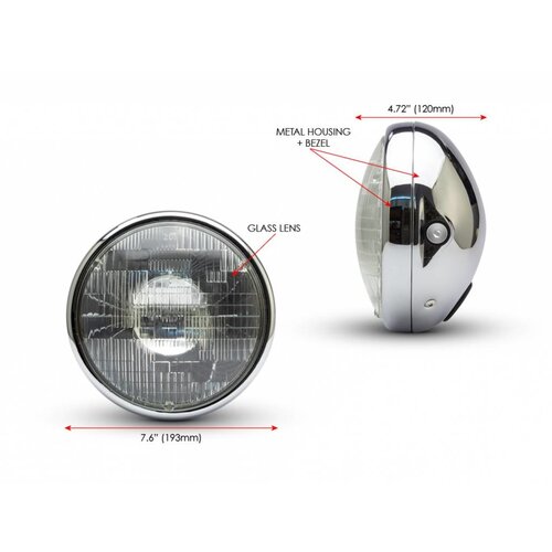 7 "Chrome Shorty metalen koplamp - 12v / 55w sealed beam