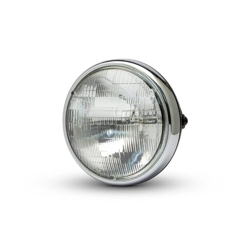 Phare universel "Shorty" en métal 7" - Chrome/Noir - lampe scellée 12v / 55w