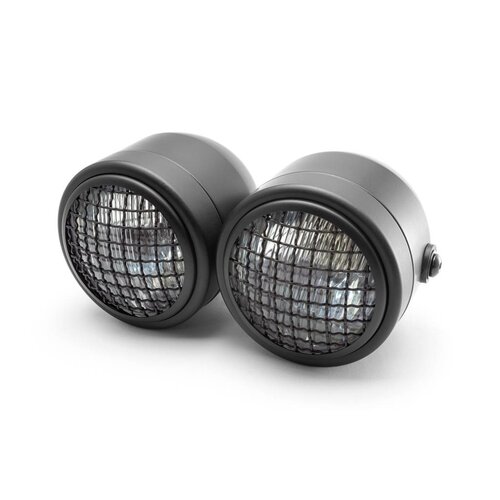 Black Universal Twin Metal Headlight + Mesh Grid