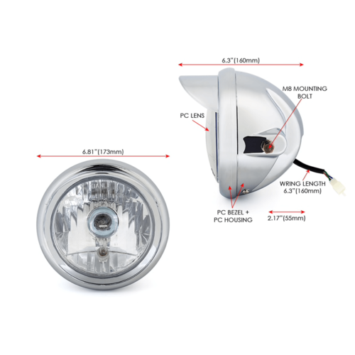 6.75" Chrome Universal Headlight + Visor - Emarked