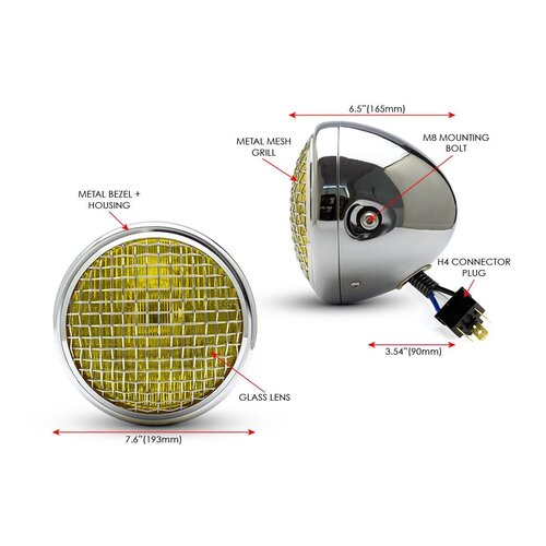 Phare classique de 7 " en chrome avec mailles - Lentille jaune