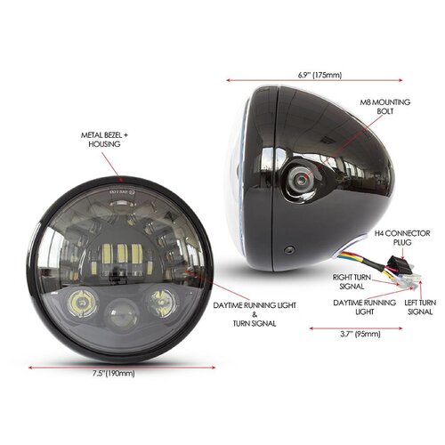 7  "Multi LED Headlight + Indicators Black