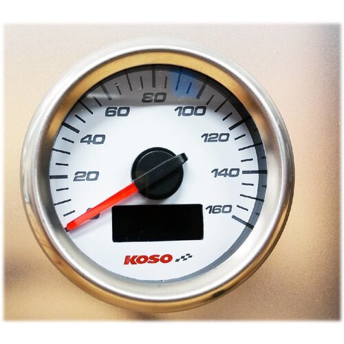 KOSO (max 160 kmh / mph) D48 GP Style Speedometer, ODO, Trip, White Face