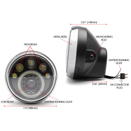 Phare à LED multi-projecteurs de 7", noir et chrome