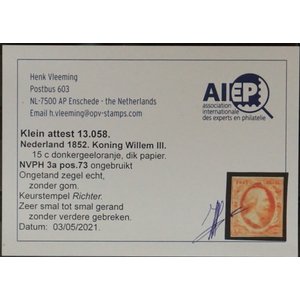 Niederlande NVPH.    3.a  -*-, mit zertifikat