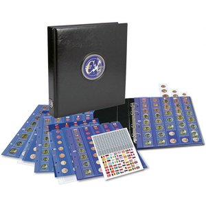 Premium, Album (4 rings) voor Euromunten sets - incl. 5 bladen en blauwe voordrukbladen - Zwart - afm: 235 x 265 x 45 mm.