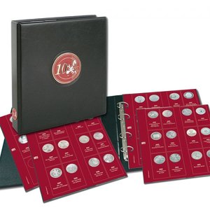 Premium, Album (4 rings) voor 10 Euromunten - incl. 7 bladen en rode voordrukbladen - Zwart - afm: 235 x 265 x 45 mm.