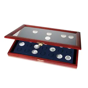 Presentation Display, Premium - for Coins Ø 26 mm. (40 pcs.) Mahogany color with blue interior - dim: 375 x 260 x 30 mm.