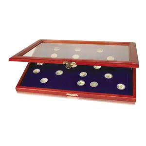 Présentoir, Premium - pour Monnaies Ø 32,5 mm. (35 pcs.) pcs.commémoratives Euro - Couleur acajou avec intérieur bleu - dim: 375 x 260 x 30 mm.