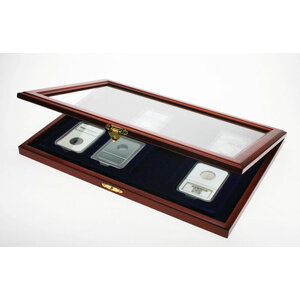 Presentation Display, Premium - for Slabs capsules 60 x 85 mm. (8 pc.) Mahogany color with blue interior - dim: 375 x 260 x 30 mm.
