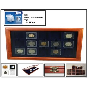 Presentation Display, Premium - for Capsules 50 x 50 mm. (15 pcs.) Mahogany color with blue interior - dim: 375 x 260 x 30 mm.