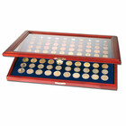 Safe, Présentoir, Premium - pour Jeux de pièces en Euro sous capsules (10 jeux)  Couleur acajou avec intérieur bleu - dim: 375x260x30 mm. ■ par pc.