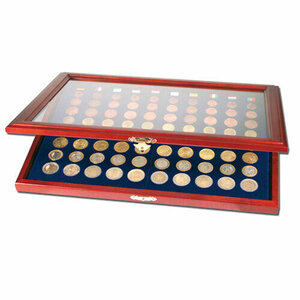 Presentation Display, Premium - for Euro coin sets without capsules (10 sets) Mahogany color with blue interior - dim: 375 x 260 x 30 mm.