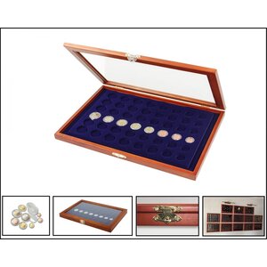 Presentation Display, Premium - for Euro coin sets in capsules (6 sets) Mahogany color with blue interior - dim: 375 x 260 x 30 mm.