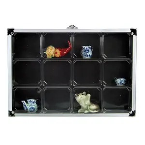 Presentatie Display, Alu - Compact - 12 vaks indeling (65 x 58 mm.) Donkerblauw interieur - afm: 295 x 190 x 45 mm.