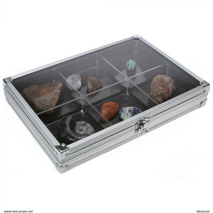 Presentatie Display, Alu - Compact - 6 vaks indeling ( 87 x 90 mm.) Donkerblauw interieur - afm: 295 x 190 x 45 mm.