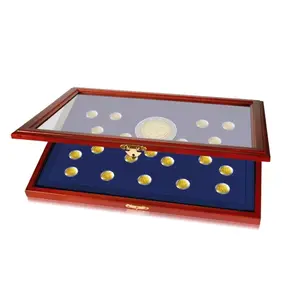 Presentation Display, Premium - for Coins Ø 26 mm. (20 pcs.) 10 years Euro Community issue - Mahogany color with blue interior - dim: 375 x 260 x 30 mm.