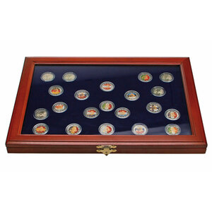 Presentation Display, Premium - for Coins Ø 33 mm. (21 pc.) 10 years Euro - Mahogany color with blue interior - dim: 375 x 260 x 30 mm.