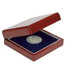 Safe, Écrin de monnaies, Élégance,   Mini - Mousse modelabele - convient jusqu'à Ø 60 mm max. Couleur acajou avec intérieur bleu - dim: 78x78x37 mm. ■ par pc.