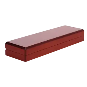 Munten box, Elegance, Long - Vormschuim - geschikt tot Max 230 x 57 mm. Mahonie kleur met blauw interieur - afm: 250 x 75 x 37 mm.