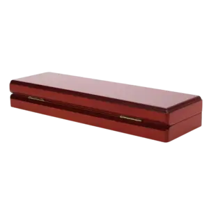 Munten box, Elegance, Long - Vormschuim - geschikt tot Max 230 x 57 mm. Mahonie kleur met blauw interieur - afm: 250 x 75 x 37 mm.