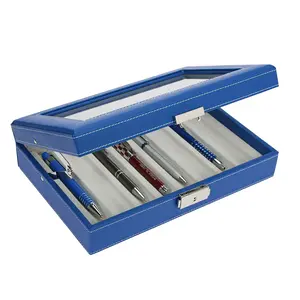 Präsentation Display- für Stifte ( 8 Stk.) Blaue Lederoptik mit beiger Innenausstattung - Abm: 266 x 180 x 64 mm.