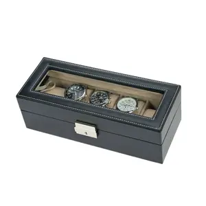 Présentoir - pour Montres ( 5 pcs.) Aspect cuir noir avec intérieur beige - dim: 238 x 112 x 75 mm.