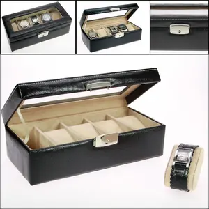Presentation Display - for Watches (5 pcs.) Black leather look with beige interior - dim: 238 x 112 x 75 mm.