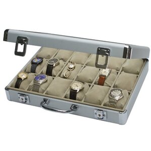Presentation Display, Alu - Watches (18 x ) gray with blue interior - dim: 345 x 225 x 75 mm.