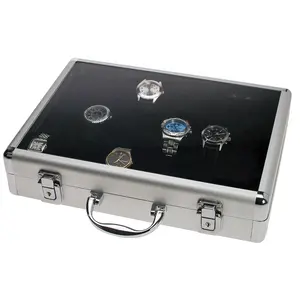 Presentation Display, Alu - Watches (18 x ) Black with blue interior - dim: 345 x 225 x 75 mm.