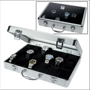 Presentation Display, Alu - Watches (18 x ) Black with blue interior - dim: 345 x 225 x 75 mm.