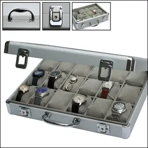 Presentatie Display, Alu - Horloges (18 x ) Grijs met blauw interieur - afm: 345 x 225 x 75 mm.