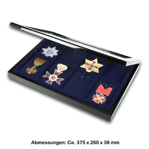 Präsentation Display- für Medaillen (8 Stk.) Schwarzer Klavierlack mit blauer Innenausstattung - Abm: 375 x 260 x 38 mm.