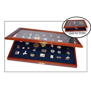 Presentation Display - for Medals and Pins - Mahogany color with blue interior - dim: 750 x 510 x 30 mm.
