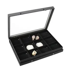 Presentation Display - 12 compartments (87 x 90 mm.) for Minerals - Black with black interior - dim: 400 x 300 x 55 mm.