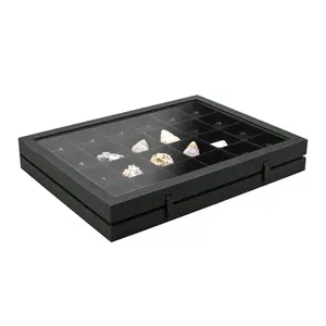 Presentation Display - 24 compartments (65 x 58 mm.) for Minerals - Black with black interior - dim: 400 x 300 x 55 mm.