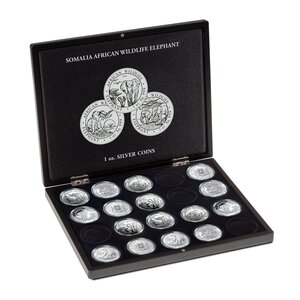 Casjeute de présentation, Volterra Uno - pour Monnaies - Somalia African Elephant, 1 oz d'argent sous capsules (20 pcs.)
