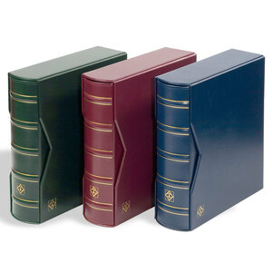 Postkarten, Album C6 (gebunden) für 200 Karten (95 x 130 mm.) mit 50 Blätter, inkl. Schutzkassette - Blau - Abm: 280 x 290 x 86 mm.