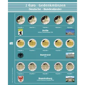 Premium, Blätter (4 Ringe) für 2 Euro-Münzsätze, Deutsche Bundesländer - Mauerfall und Kniefall Warschau - Transp. inkl. grünem Vordruckblatt - Abm: 205 x 255 mm.