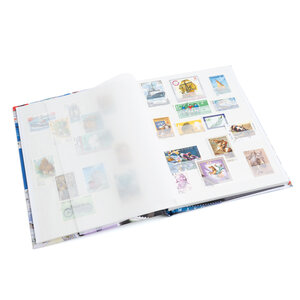 Classeur A5, 16 pages (Blanc) - 6 bandes - Bleu - série Stamps, impression multicolore