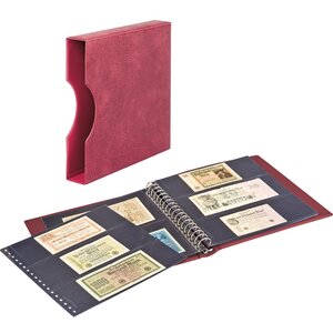 Album Regular (1104), inkl. 20 Klarsicht Blätter (10 x 850, 10 x 851) und Schutzkassette - Weinrot - 18 Ringe - Abm: 305 x 317 x 50 mm