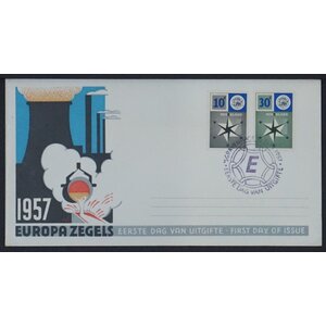 NVPH - E   32, First Day Cover (Netherlands), Issued in the year:  1957, Address erased (ERA) - Open flap (OF)