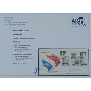 NVPH - E    1, First Day Cover (Netherlands), Issued in the year:  1950, Addressed (A) - Expert certificate - Open flap (OF)