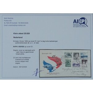 NVPH - E    1, First Day Cover (Netherlands), Issued in the year:  1950, Addressed (A) - Expert certificate - Open flap (OF)